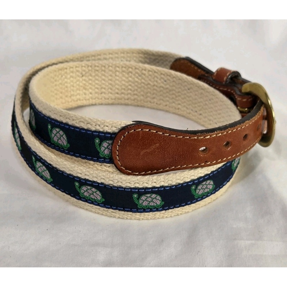 Turtle Canvas Webbed Ribbon Belt Boy 26" Cream Navy Preppy Nautical Animal